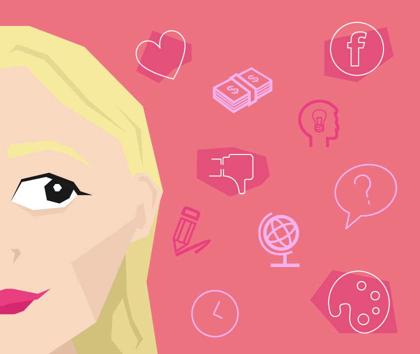 An illustration of a blonde haired woman looking at assorted social media icons