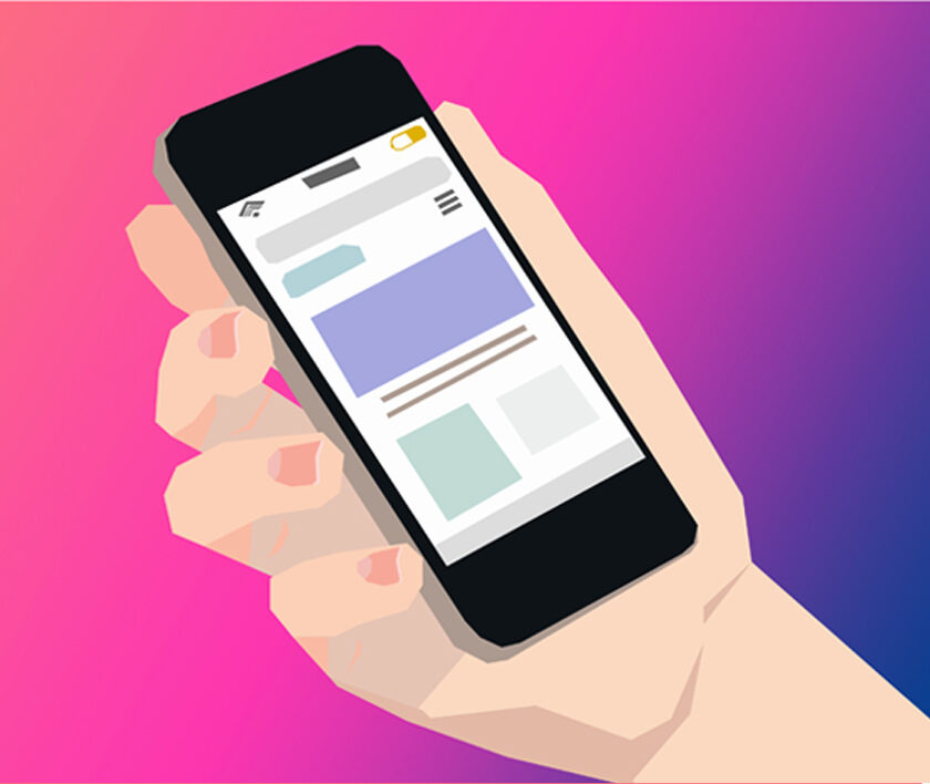 An illustration of a hand holding a phone, viewing a website.